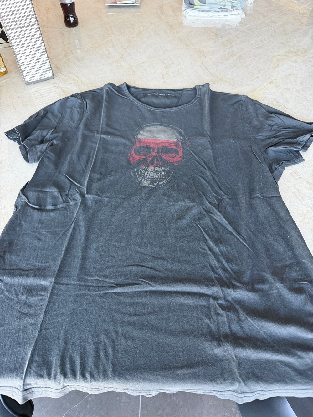 John Varvatos Black Tee with Red and Gray Skull Graphic - Picture 2 of 4
